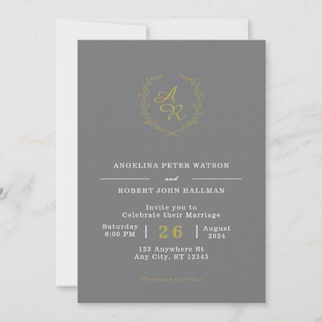 Custom Branded Grey and Gold Elegant Wedding  Invitation (Front)