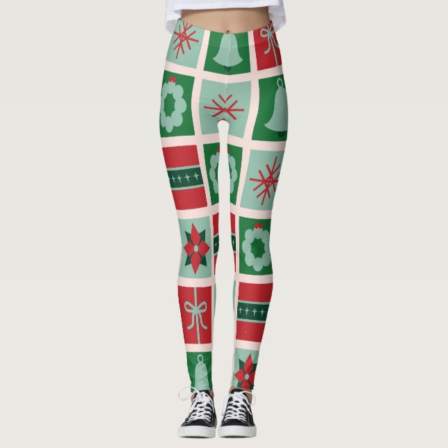Custom Branded Red & Green Geometric on Christmas Leggings (Front)