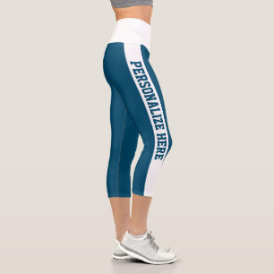 Custom Branded Striped Capri Prussian Blue & White Leggings