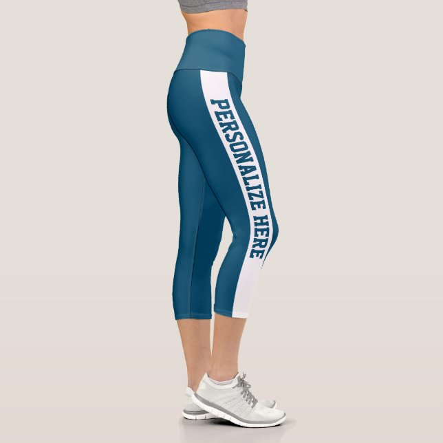 Custom Branded Striped Capri Prussian Blue & White Leggings (Right)