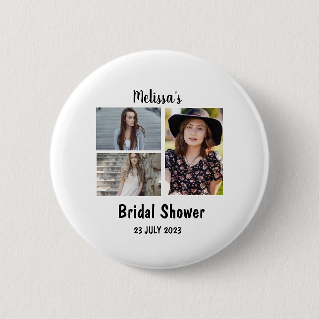 Custom Bridal  Shower 3 Photo Collage 6 Cm Round Badge (Front)