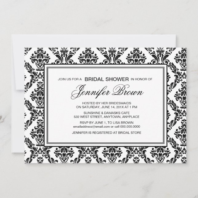 Custom Bridal Shower Black And White Damask Invitation (Front)
