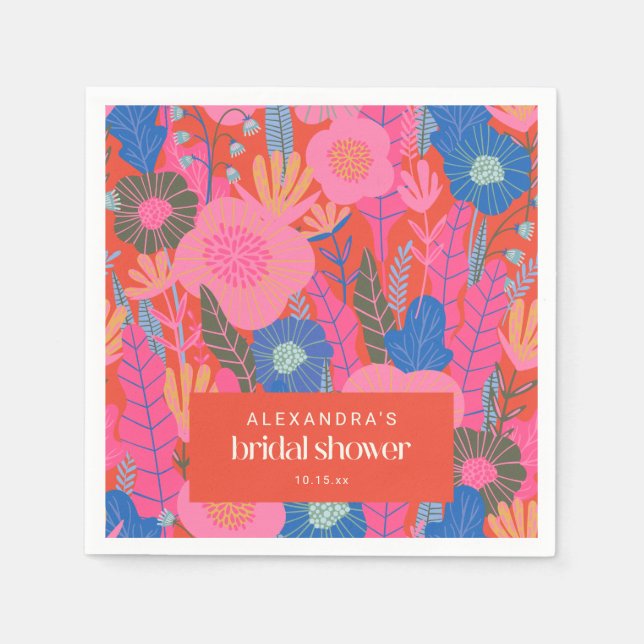 Custom Bridal Shower Boho Floral Pink Red Stylish Napkin (Front)