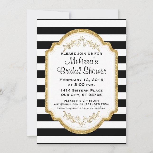 Custom Bridal Shower Invite, Black Stripes, Gold Invitation (Front)