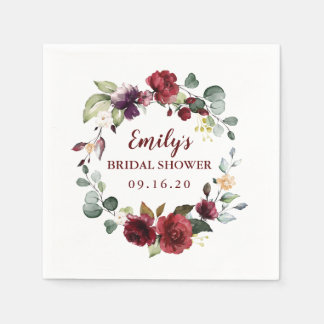 Custom Bridal Shower Napkins Maroon Flower Wreath