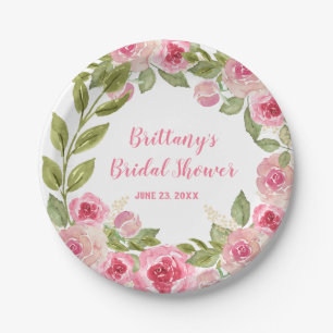 Custom Bridal Shower Wild Pink Roses Greenery Paper Plate