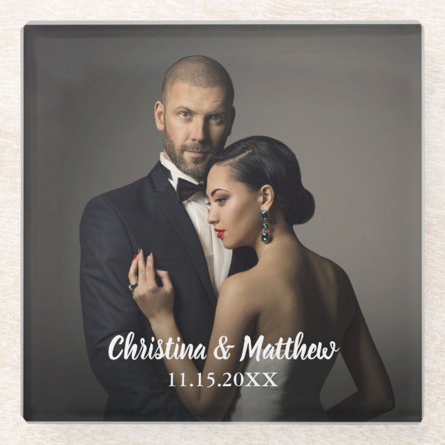 Custom Bride and Groom's Photo Glass Coaster (Front)