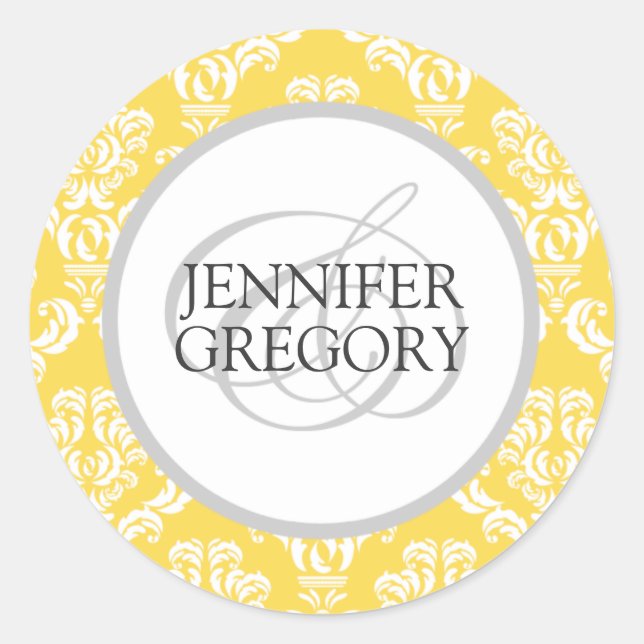 Custom Bride Groom Names Yellow Damask Wedding Classic Round Sticker (Front)