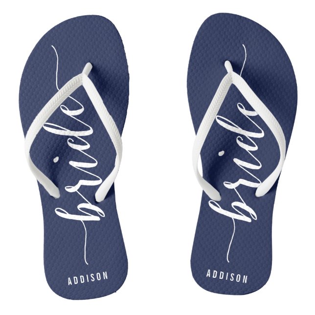 Custom Bride Navy Blue Wedding Party Flip Flops (Footbed)