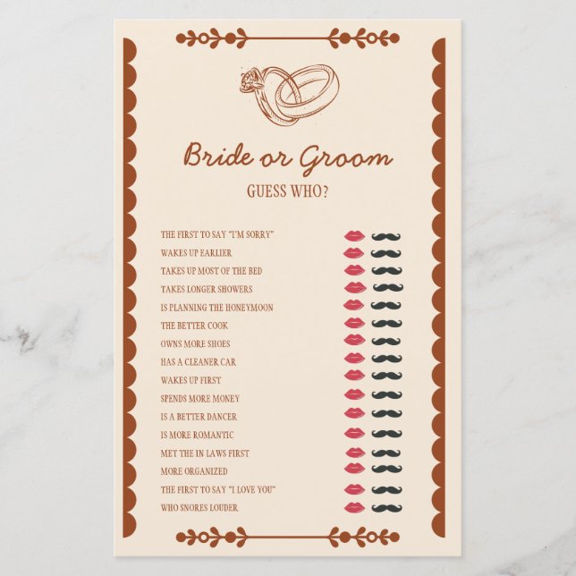 Custom Bride or Groom Shower Game (Front)