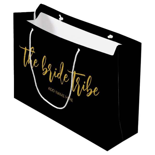 Custom Bride Tribe Gold Black Wedding  Large Gift Bag (Front Angled)
