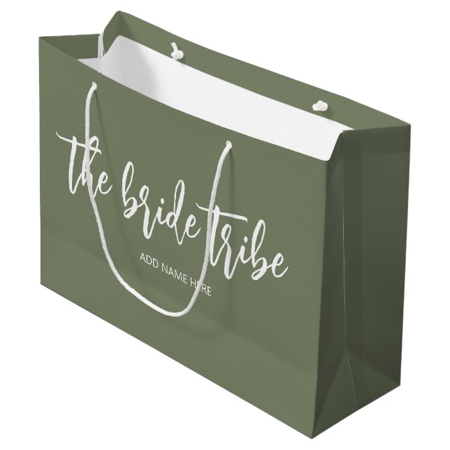 Custom Bride Tribe Olive Green Wedding  Large Gift Bag (Front Angled)