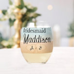 Custom Bridesmaid gift  Beach Wedding Heart Sand Stemless Wine Glass<br><div class="desc">Personalised Bridesmaid's Gift Tropical Beach with Hearts in the Sand with the Bide's and Groom's Monogrammed initials customised with the Bridesmaid's monogram name,  The perfect thank you gift for her. It is unique and can be customised for all your wedding party</div>