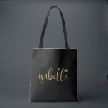 Custom Bridesmaid Gold Script Name Black Tote Bag<br><div class="desc">A chic modern black bag with gold script name and heart that's perfect for a bridesmaid proposal. Your bridesmaids can fill their tote with essentials for Bachelorette Party trips,  or for essentials to bring on the morning of the wedding.</div>