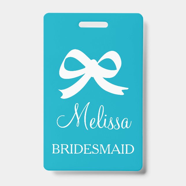 Custom bridesmaid name badges for wedding party ID badge (Front)