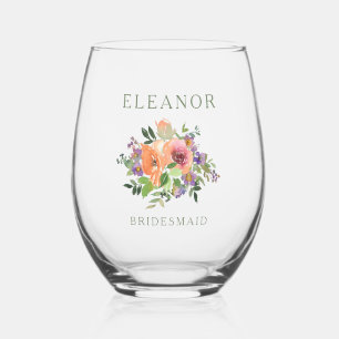 Custom Bridesmaid Name Watercolor Orange Floral Stemless Wine Glass