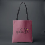 Custom Bridesmaid Script Name Burgundy Tote Bag<br><div class="desc">A chic modern burgundy bag with black script name and gold heart that's perfect for a bridesmaid proposal. Your bridesmaids can fill their tote with essentials for Bachelorette Party trips,  or for essentials to bring on the morning of the wedding.</div>