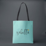Custom Bridesmaid Script Name Light Teal Tote Bag<br><div class="desc">A chic modern light teal bag with black script name and gold heart that's perfect for a bridesmaid proposal. Your bridesmaids can fill their tote with essentials for Bachelorette Party trips,  or for essentials to bring on the morning of the wedding.</div>