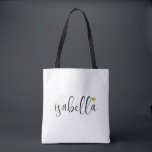 Custom Bridesmaid Script Name  Tote Bag<br><div class="desc">A chic modern white bag with black script name and gold heart that's perfect for a bridesmaid proposal. Your bridesmaids can fill their tote with essentials for Bachelorette Party trips,  or for essentials to bring on the morning of the wedding.</div>