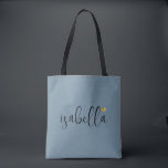 Custom Bridesmaid Script Name  Tote Bag<br><div class="desc">A chic modern dusty blue bag with black script name and gold heart that's perfect for a bridesmaid proposal. Your bridesmaids can fill their tote with essentials for Bachelorette Party trips,  or for essentials to bring on the morning of the wedding.</div>
