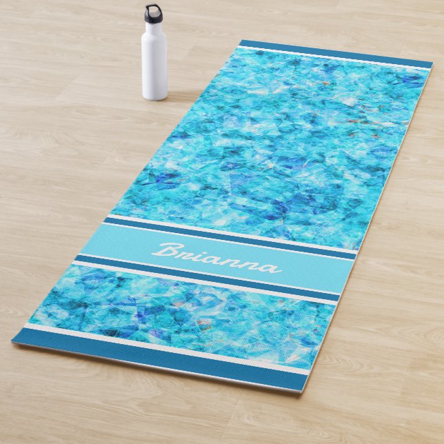 Custom Bright Blue Aqua Turquoise Polygon Pattern Yoga Mat (In Situ)