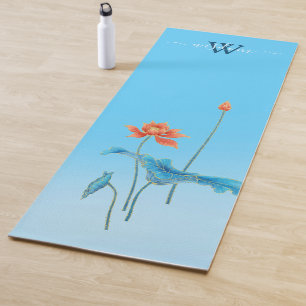 Custom Bright Blue Lotus Flowers Monogram Name Yoga Mat