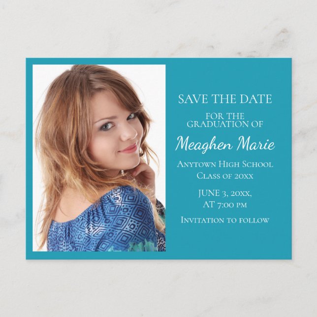 Custom Bright Blue Photo Graduation Save Date Announcement Postcard (Front)