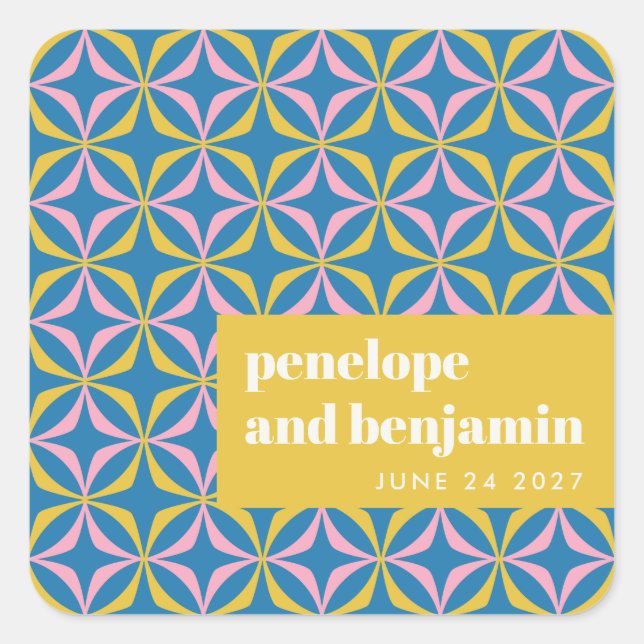 Custom Bright Blue Retro Typography Wedding Square Sticker (Front)