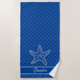 Custom Bright Blue White Chic Beach house Starfish Towel