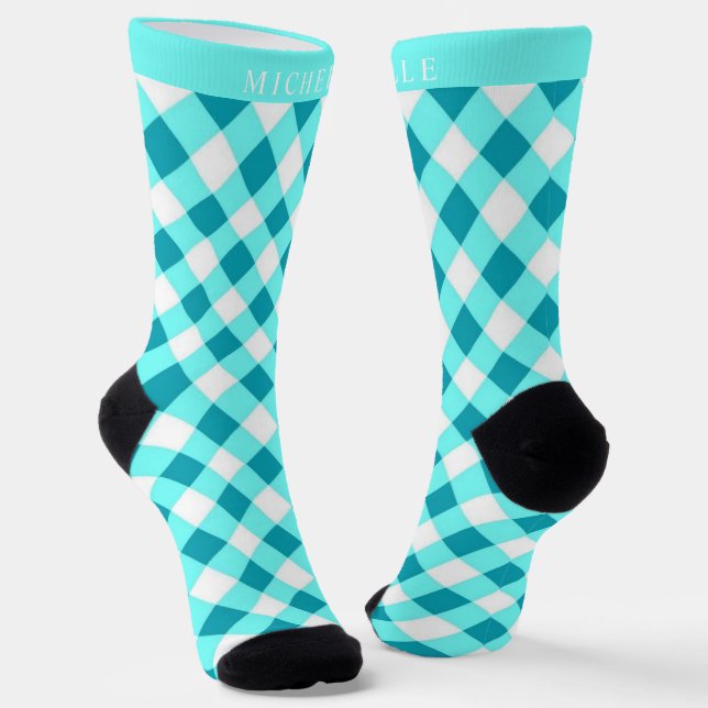 Custom Bright Dark Teal Blue White Chequered  Socks (Angled)
