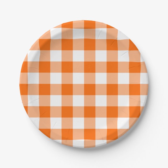 Custom Bright Orange Gingham Paper Plate (Front)