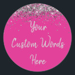 Custom Bright Pink and Silver Birthday Party Favou Classic Round Sticker<br><div class="desc">personalised sweet 16 label quinceanera,  mis quince 30th 40th 50th,  15th 16th 18th 20th 21st,  25th 10th 5th personalised anniversary,  vow renewal wedding reception gift,  son husband him his grandson,  boy baby shower her granddaughter,  girl daughter wife uni graduation,  college graduate high school glitter,  bridal bachelorette hen do night</div>
