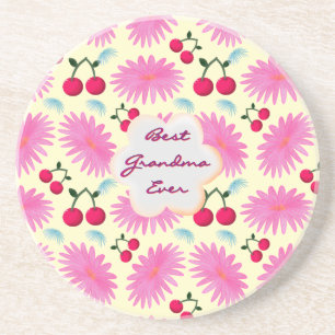 Custom Bright Pink Floral Cherry Pattern  Coaster