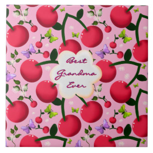 Custom Bright Pink Floral Cherry Pattern gift Ceramic Tile