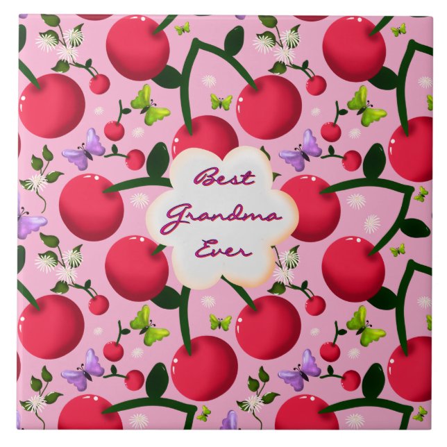 Custom Bright Pink Floral Cherry Pattern gift Ceramic Tile (Front)