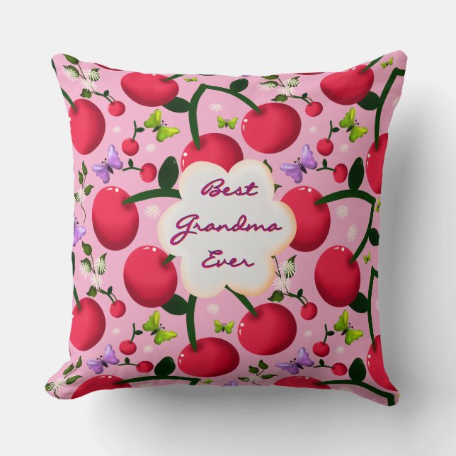 Custom Bright Pink Floral Cherry Pattern gift Cushion (Front)