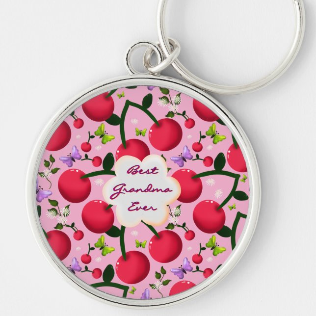 Custom Bright Pink Floral Cherry Pattern gift Key Ring (Front)