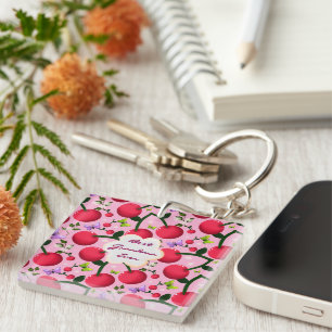 Custom Bright Pink Floral Cherry Pattern gift Key Ring