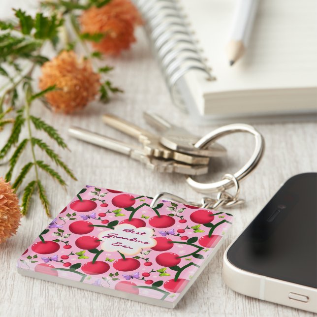 Custom Bright Pink Floral Cherry Pattern gift Key Ring (Front Right)