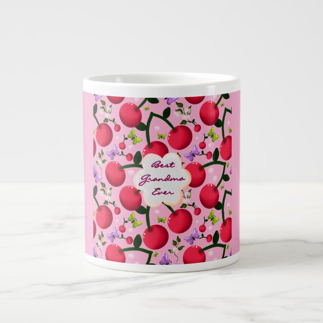 Custom Bright Pink Floral Cherry Pattern gift Large Coffee Mug (Front)