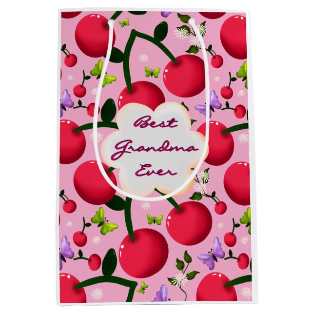 Custom Bright Pink Floral Cherry Pattern gift Medium Gift Bag (Front)