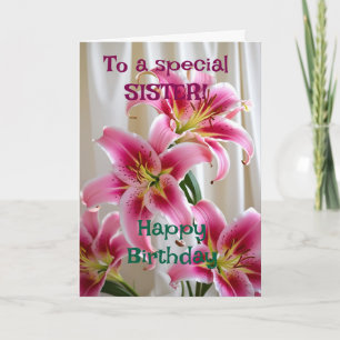 Custom Bright  Pink Lilies Happy Birthday Sister Card