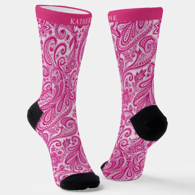 Custom Bright Pink Paisley floral Pattern Socks (Angled)