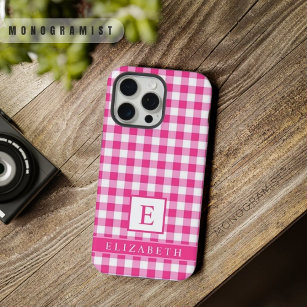 Custom Bright Pink White Chequered Pattern iPhone 14 Pro Max Case