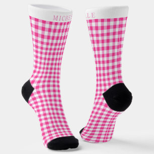 Custom Bright PInk White Chequered Pattern Socks