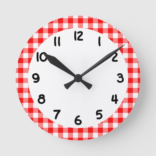 Custom Bright Red Gingham Round Clock (Front)