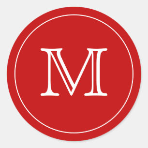 Custom Bright Red White Monogram Letter Classic Round Sticker