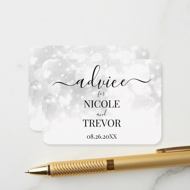 Custom Bright White Bokeh Wedding Advice Card (Front/Back In Situ)