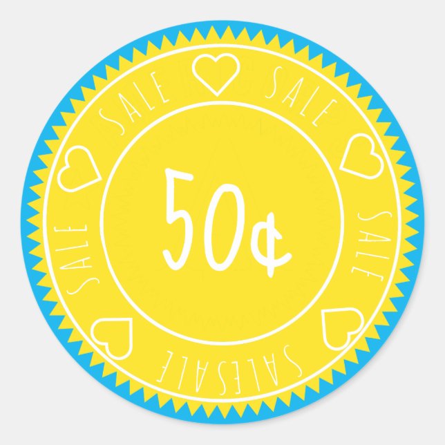 Custom Bright Yellow Blue Sale Price Classic Round Sticker (Front)