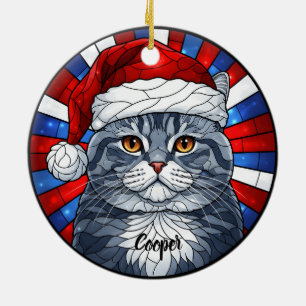Custom British Shorthair Cat Santa Stained Glass Ceramic Ornament
